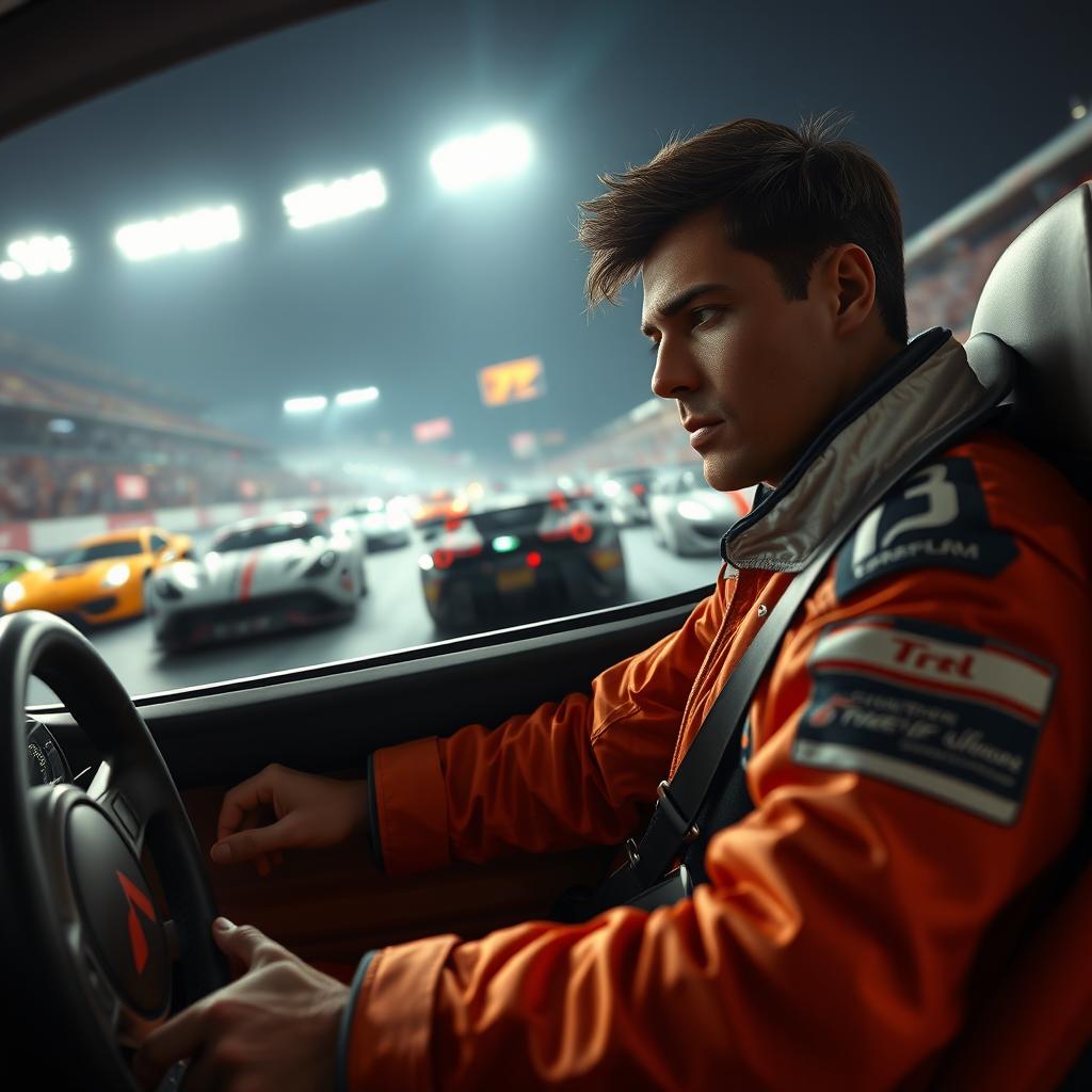 A dramatic and thrilling scene from a Gran Turismo movie, featuring a protagonist in a stylish racing suit, intensely focused while sitting in a cutting-edge racing car