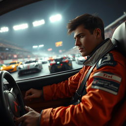 A dramatic and thrilling scene from a Gran Turismo movie, featuring a protagonist in a stylish racing suit, intensely focused while sitting in a cutting-edge racing car