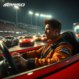 A dramatic and thrilling scene from a Gran Turismo movie, featuring a protagonist in a stylish racing suit, intensely focused while sitting in a cutting-edge racing car