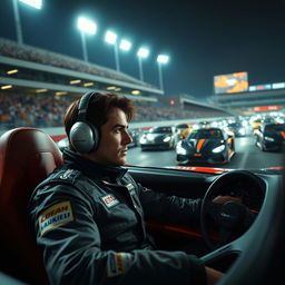 A dramatic and thrilling scene from a Gran Turismo movie, featuring a protagonist in a stylish racing suit, intensely focused while sitting in a cutting-edge racing car