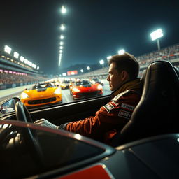 A dramatic and thrilling scene from a Gran Turismo movie, featuring a protagonist in a stylish racing suit, intensely focused while sitting in a cutting-edge racing car