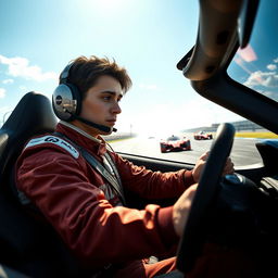 A gripping moment from the Gran Turismo movie, showcasing a young race car driver wearing a modern, stylish racing suit, behind the wheel of a powerful sports car with intricate details