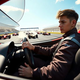 A gripping moment from the Gran Turismo movie, showcasing a young race car driver wearing a modern, stylish racing suit, behind the wheel of a powerful sports car with intricate details