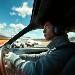 A gripping moment from the Gran Turismo movie, showcasing a young race car driver wearing a modern, stylish racing suit, behind the wheel of a powerful sports car with intricate details