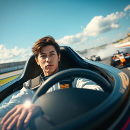 A gripping moment from the Gran Turismo movie, showcasing a young race car driver wearing a modern, stylish racing suit, behind the wheel of a powerful sports car with intricate details