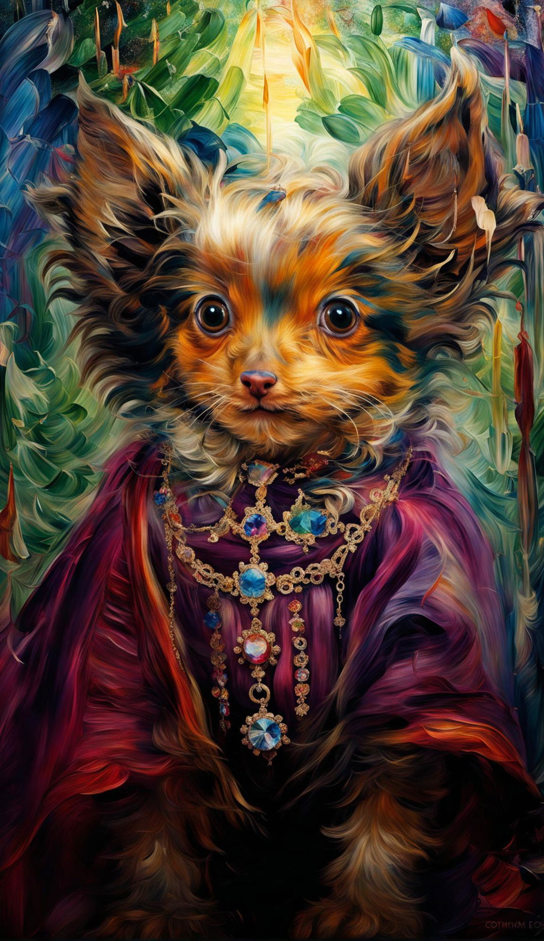 A captivatingly beautiful puppy dressed as a regal prince in an intricately detailed oil painting, inspired by Monet's style.