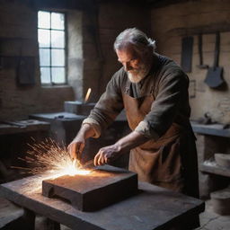 A medieval blacksmith, known as a forger, working diligently in his rustic workshop. Sparks are flying from the anvil as he carefully shapes a piece of wrought iron.