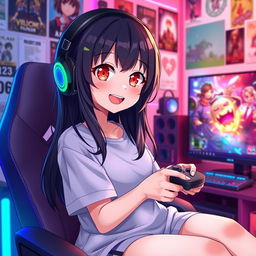 A cheerful black-haired anime girl with striking red eyes, sitting in a cozy gaming setup