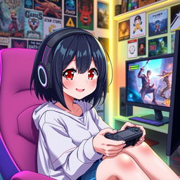 A cheerful black-haired anime girl with striking red eyes, sitting in a cozy gaming setup