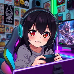 A cheerful black-haired anime girl with striking red eyes, sitting in a cozy gaming setup