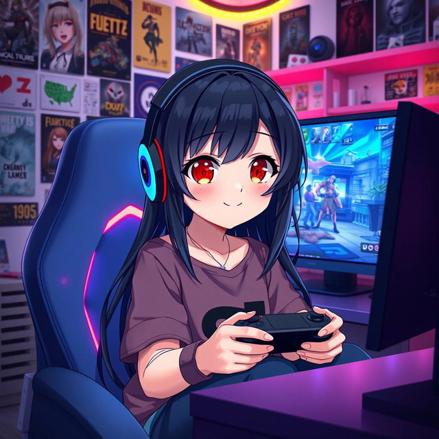 A cheerful black-haired anime girl with striking red eyes, sitting in a cozy gaming setup