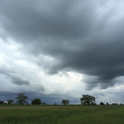 A dramatic scene of a gray sky filled with thick, swirling clouds, casting a moody atmosphere over a serene landscape