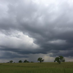 A dramatic scene of a gray sky filled with thick, swirling clouds, casting a moody atmosphere over a serene landscape