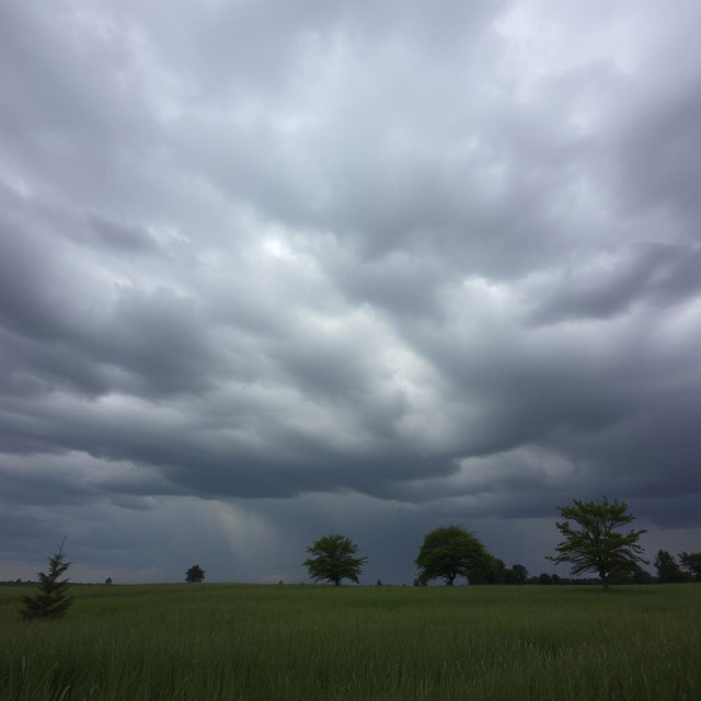 A dramatic scene of a gray sky filled with thick, swirling clouds, casting a moody atmosphere over a serene landscape