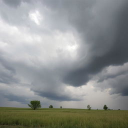 A dramatic scene of a gray sky filled with thick, swirling clouds, casting a moody atmosphere over a serene landscape