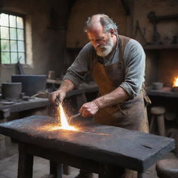 A medieval blacksmith, known as a forger, working diligently in his rustic workshop. Sparks are flying from the anvil as he carefully shapes a piece of wrought iron.