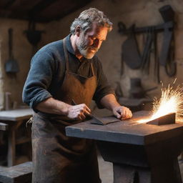 A medieval blacksmith, known as a forger, working diligently in his rustic workshop. Sparks are flying from the anvil as he carefully shapes a piece of wrought iron.