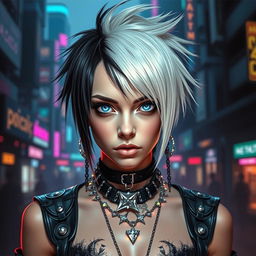 A striking cyber goth girl with a unique and edgy look, featuring split dye hair in a bold contrast of white and black