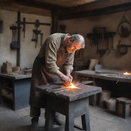 A medieval blacksmith, known as a forger, working diligently in his rustic workshop. Sparks are flying from the anvil as he carefully shapes a piece of wrought iron.