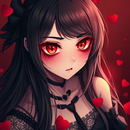 A captivating yandere girl with striking red heart-shaped eyes, expressing a deep and obsessive love