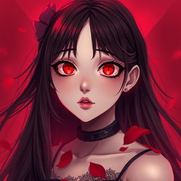 A captivating yandere girl with striking red heart-shaped eyes, expressing a deep and obsessive love