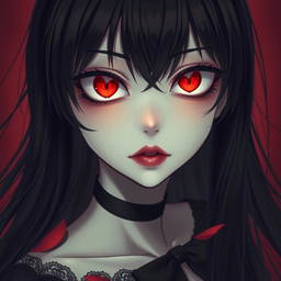 A captivating yandere girl with striking red heart-shaped eyes, expressing a deep and obsessive love