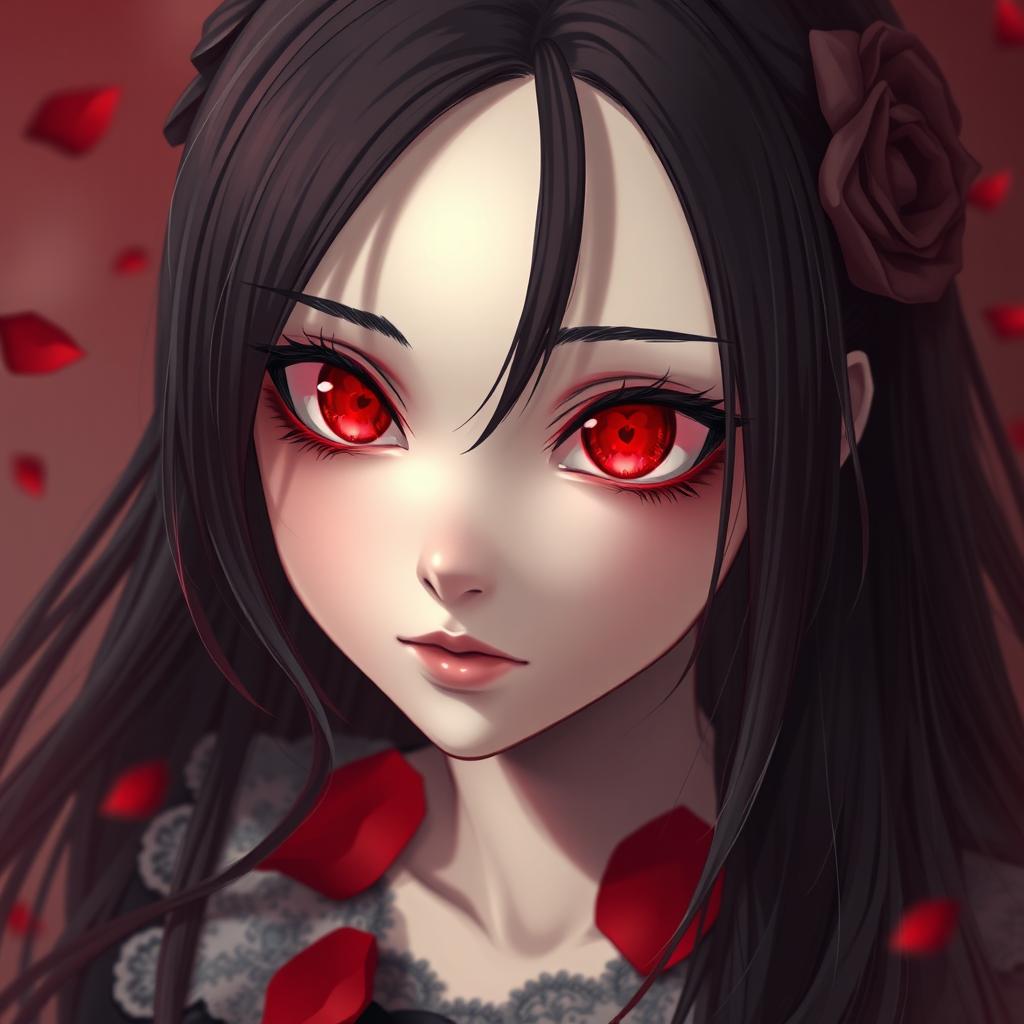 A captivating yandere girl with striking red heart-shaped eyes, expressing a deep and obsessive love