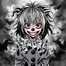 A black and white illustration of a horror-themed clown anime girl, featuring exaggerated facial features such as a wide, sinister grin, large expressive eyes, and colorful clown makeup contrasting with the monochrome palette