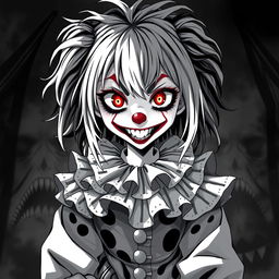 A black and white illustration of a horror-themed clown anime girl, featuring exaggerated facial features such as a wide, sinister grin, large expressive eyes, and colorful clown makeup contrasting with the monochrome palette