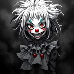 A black and white illustration of a horror-themed clown anime girl, featuring exaggerated facial features such as a wide, sinister grin, large expressive eyes, and colorful clown makeup contrasting with the monochrome palette