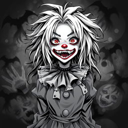 A black and white illustration of a horror-themed clown anime girl, featuring exaggerated facial features such as a wide, sinister grin, large expressive eyes, and colorful clown makeup contrasting with the monochrome palette