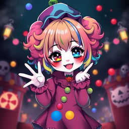 A cute horror-themed anime girl dressed as a clown, featuring colorful, whimsical attire with playful yet eerie elements