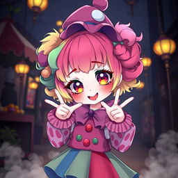 A cute horror-themed anime girl dressed as a clown, featuring colorful, whimsical attire with playful yet eerie elements