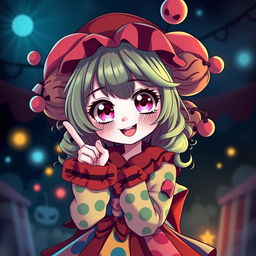 A cute horror-themed anime girl dressed as a clown, featuring colorful, whimsical attire with playful yet eerie elements