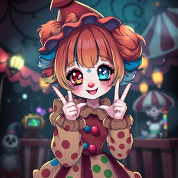 A cute horror-themed anime girl dressed as a clown, featuring colorful, whimsical attire with playful yet eerie elements