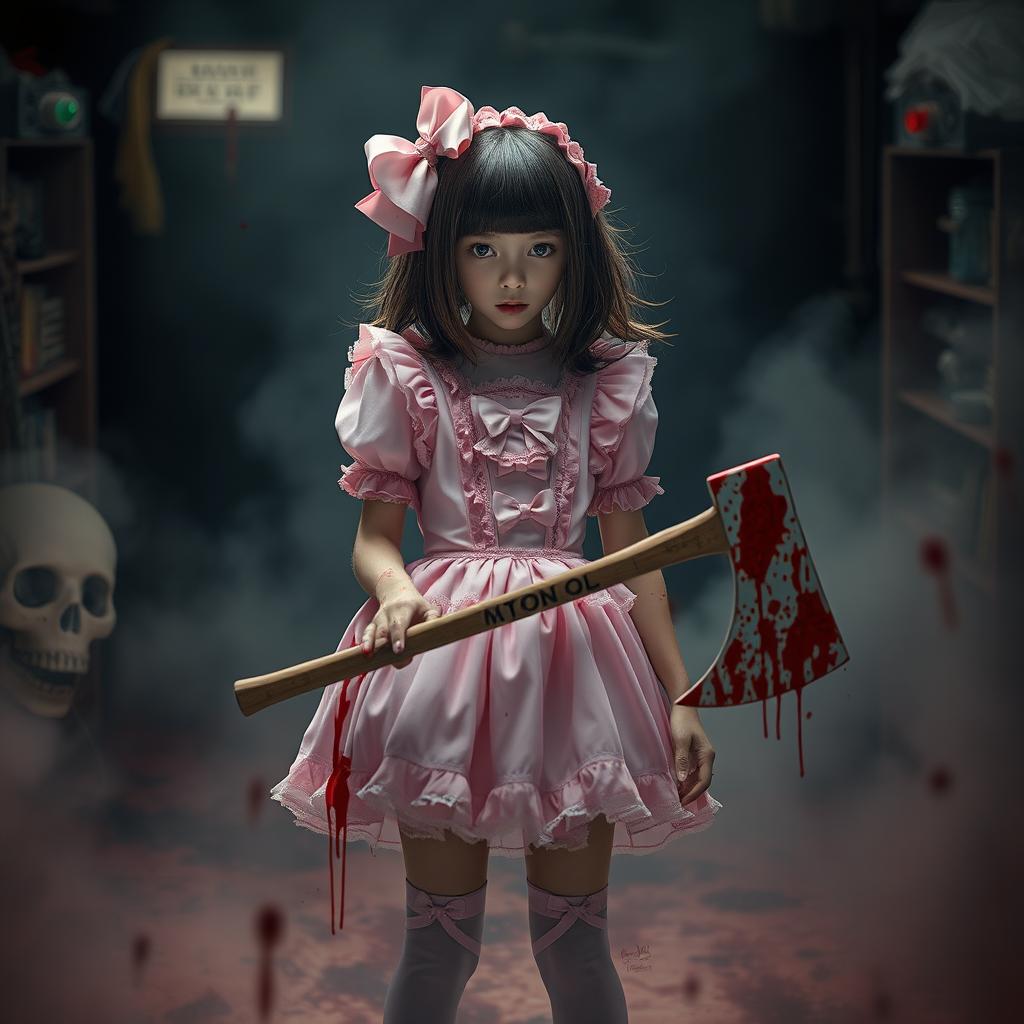 A dramatic and striking scene featuring a girl dressed in a pink coquette outfit, complete with bows and frills, standing amidst a blood-covered environment