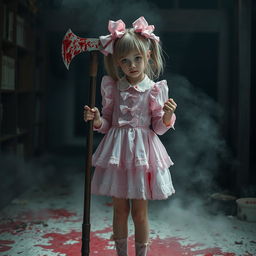 A dramatic and striking scene featuring a girl dressed in a pink coquette outfit, complete with bows and frills, standing amidst a blood-covered environment