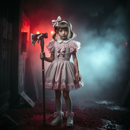 A dramatic and striking scene featuring a girl dressed in a pink coquette outfit, complete with bows and frills, standing amidst a blood-covered environment