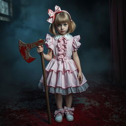 A dramatic and striking scene featuring a girl dressed in a pink coquette outfit, complete with bows and frills, standing amidst a blood-covered environment