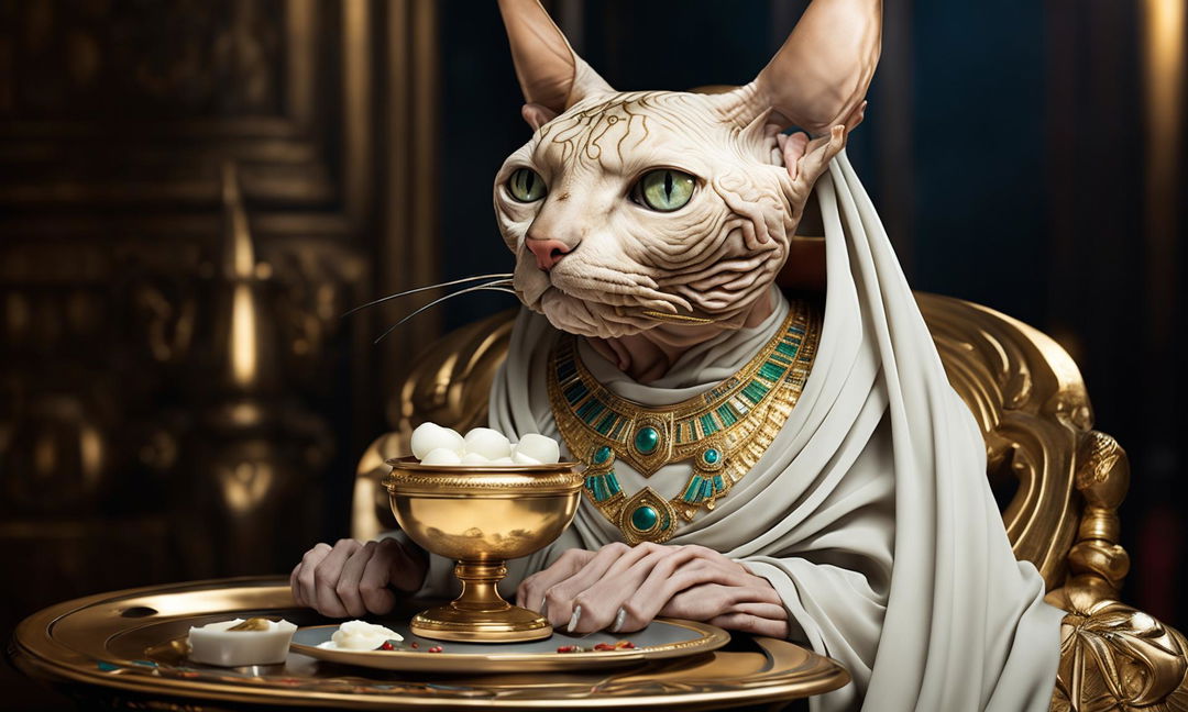 A detailed portrait of a Sphinx cat dressed as Cleopatra, drinking milk from an ornate golden chalice.