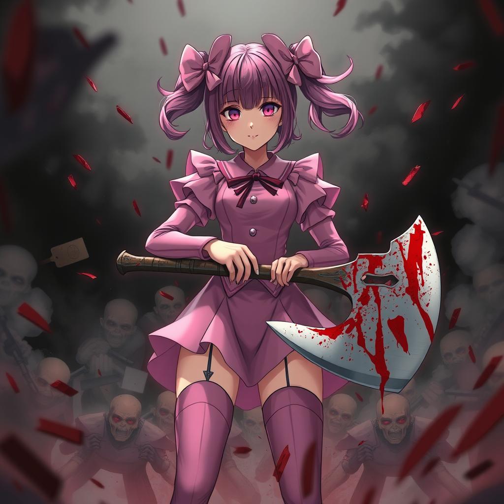 A dramatic, high-contrast scene featuring a pink coquette styled anime woman, adorned with adorable bows in her hair and outfit