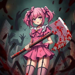 A dramatic, high-contrast scene featuring a pink coquette styled anime woman, adorned with adorable bows in her hair and outfit