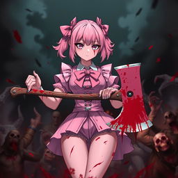 A dramatic, high-contrast scene featuring a pink coquette styled anime woman, adorned with adorable bows in her hair and outfit