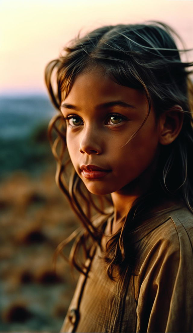 Ultra high-resolution 36k real-life candid photograph in Steve McCurry style of a beautiful girl with facial symmetry, doe eyes with round pupils, long eyelashes, full lips in side profile, low light, low angle against a landscape at sunset.