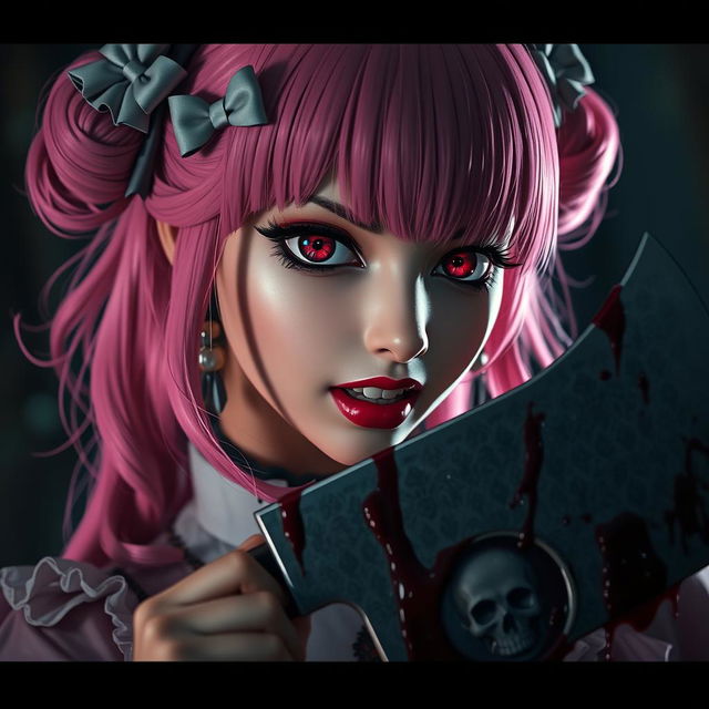 A dramatic, intense close-up of a pink-haired anime woman in a coquette style, adorned with bows and frills