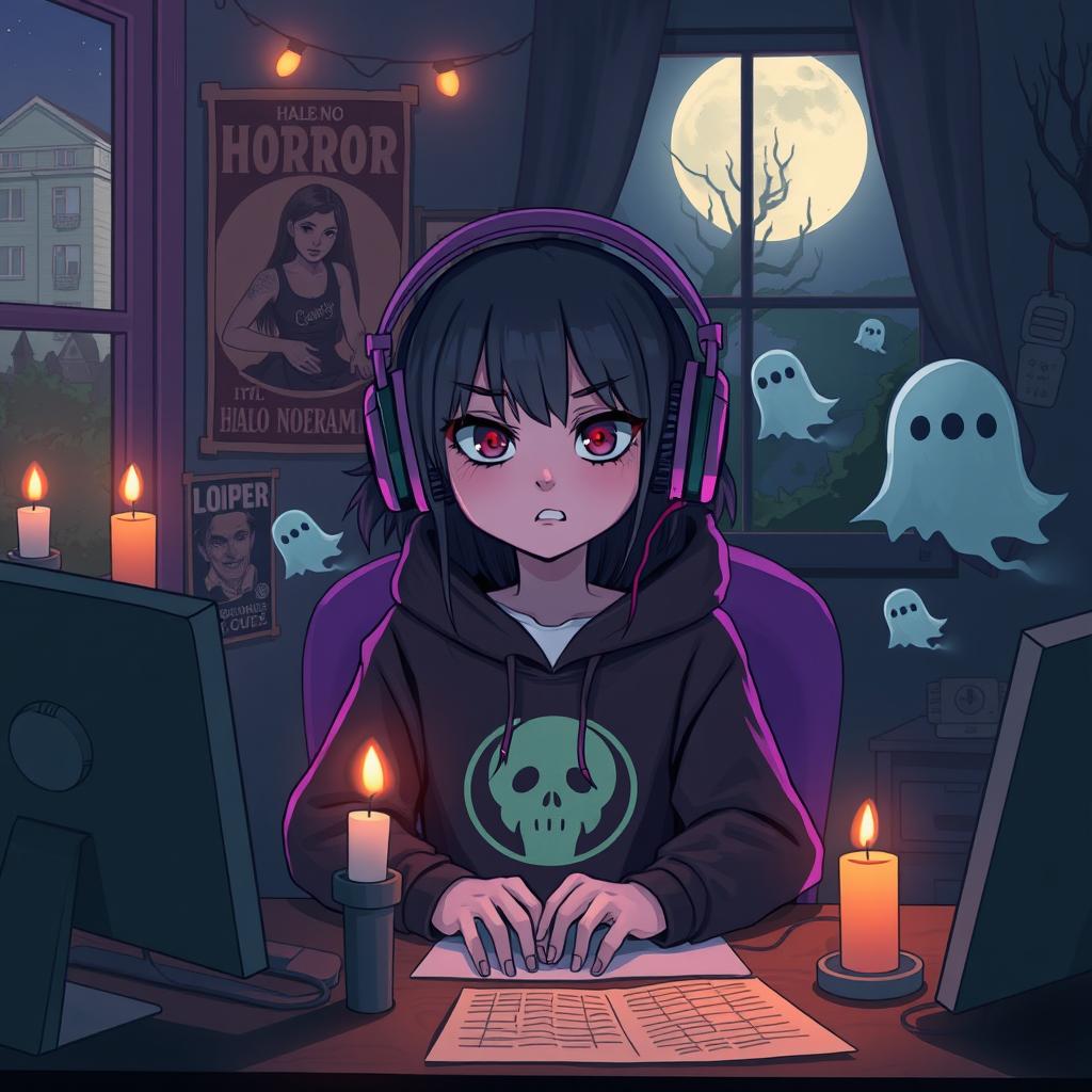 A whimsical interpretation of a lofi girl in a horror-themed setting, sitting at her desk with a dimly lit ambiance, surrounded by vintage horror movie posters, flickering candlelight casting eerie shadows, a creepy plush toy, and a full moon visible through a window