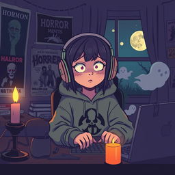 A whimsical interpretation of a lofi girl in a horror-themed setting, sitting at her desk with a dimly lit ambiance, surrounded by vintage horror movie posters, flickering candlelight casting eerie shadows, a creepy plush toy, and a full moon visible through a window