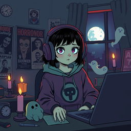 A whimsical interpretation of a lofi girl in a horror-themed setting, sitting at her desk with a dimly lit ambiance, surrounded by vintage horror movie posters, flickering candlelight casting eerie shadows, a creepy plush toy, and a full moon visible through a window