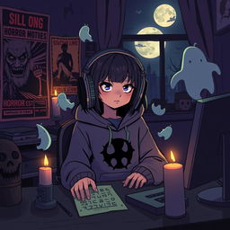 A whimsical interpretation of a lofi girl in a horror-themed setting, sitting at her desk with a dimly lit ambiance, surrounded by vintage horror movie posters, flickering candlelight casting eerie shadows, a creepy plush toy, and a full moon visible through a window