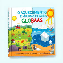 A vibrant book cover depicting the theme of Global Warming and Climate Change, aimed at children